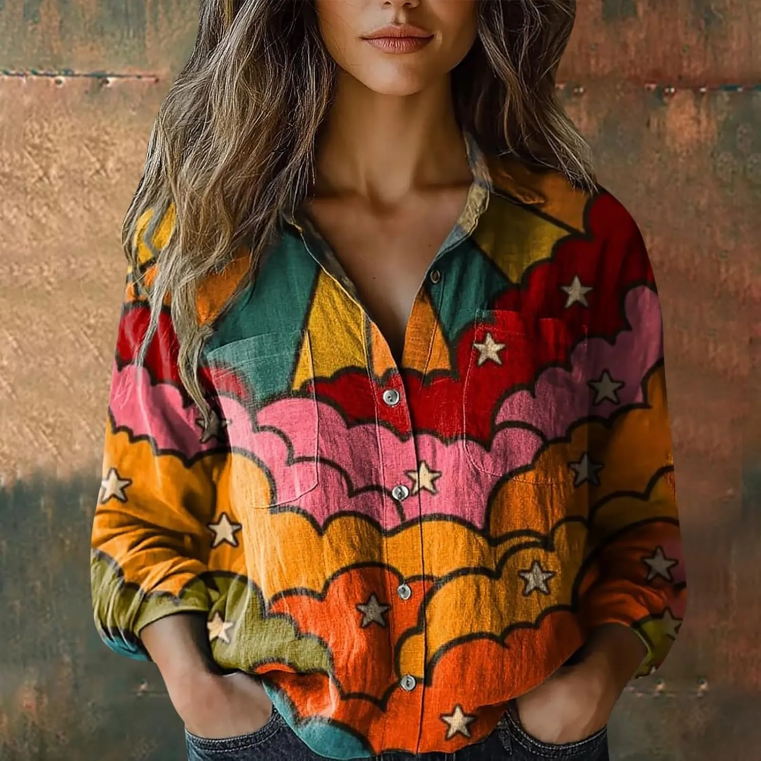 Linen Button Down Shirts for Women Long Sleeve Collared Ethic Floral Print Boho Blouses Retro Gauze Summer Tops
