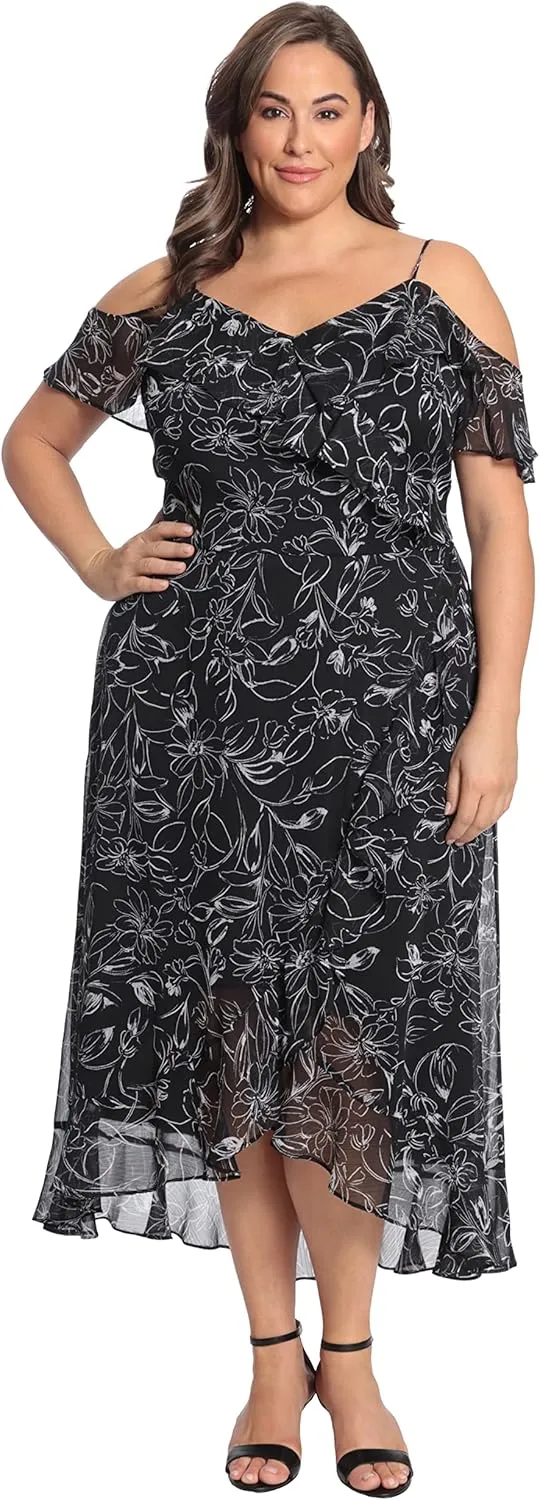 London Times Women's Floral Printed Cold Shoulder Faux Wrap Hi-Low Maxi Dress with Ruffle Details