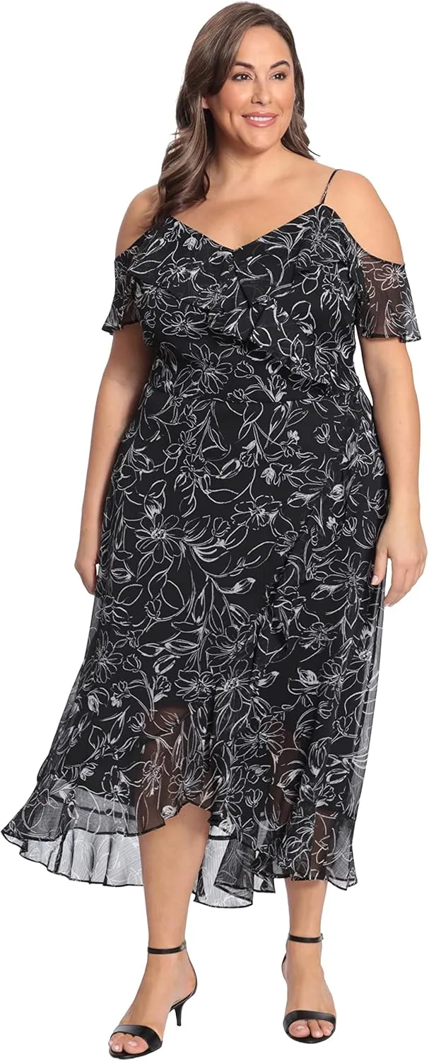 London Times Women's Floral Printed Cold Shoulder Faux Wrap Hi-Low Maxi Dress with Ruffle Details