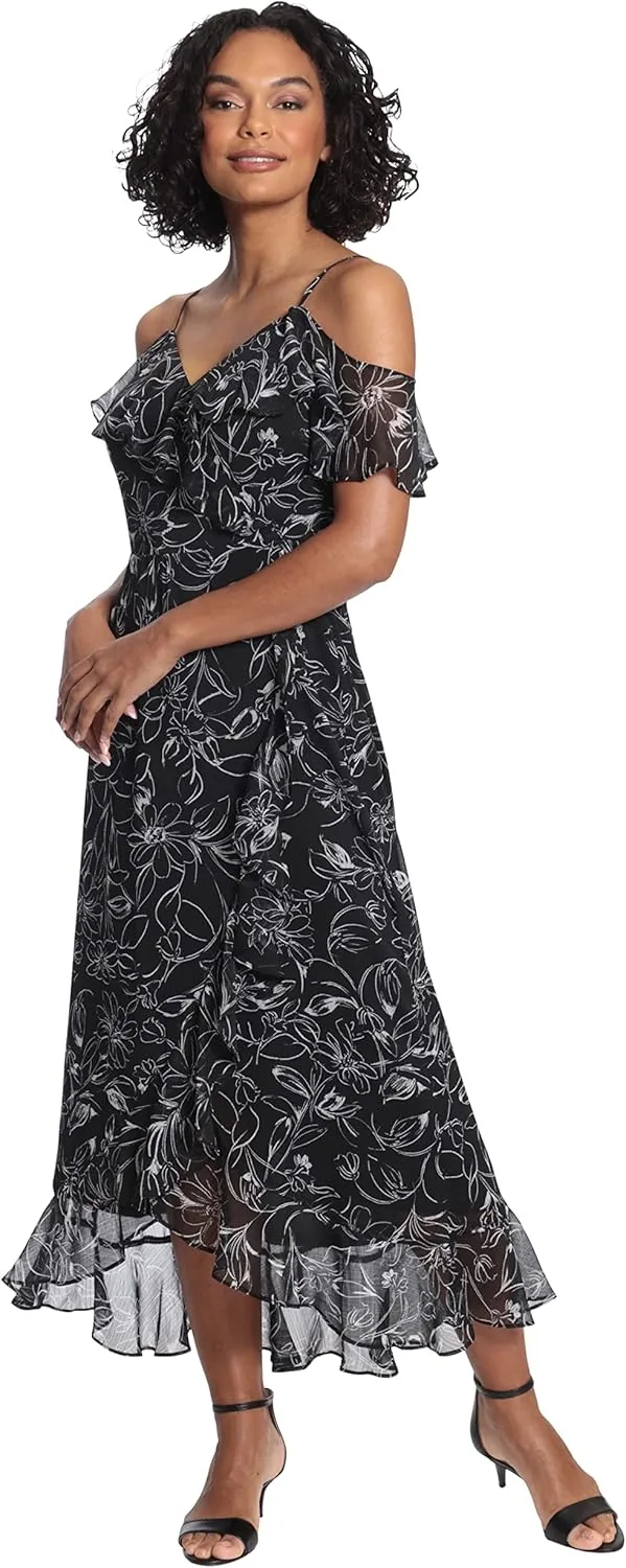 London Times Women's Floral Printed Cold Shoulder Faux Wrap Hi-Low Maxi Dress with Ruffle Details