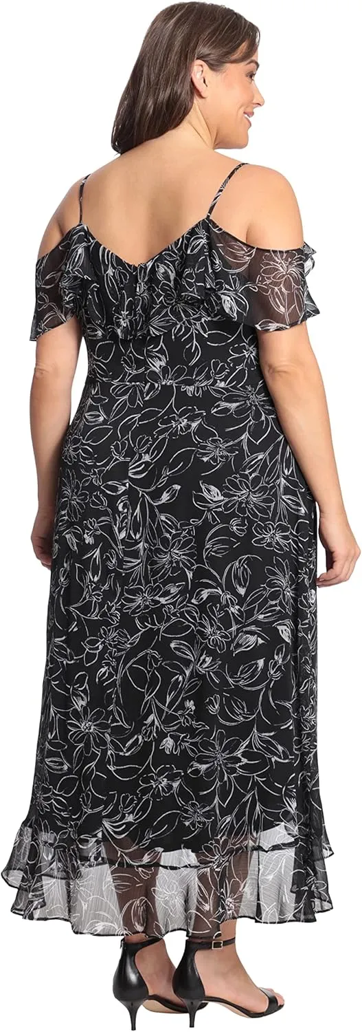 London Times Women's Floral Printed Cold Shoulder Faux Wrap Hi-Low Maxi Dress with Ruffle Details