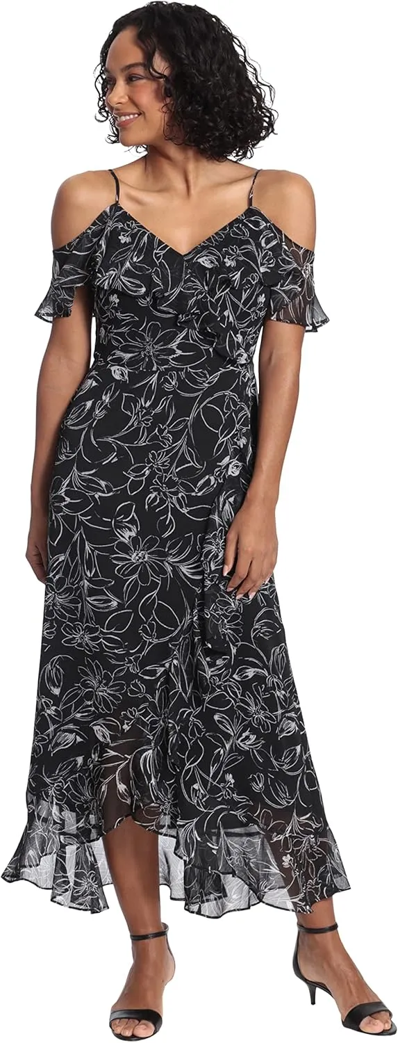 London Times Women's Floral Printed Cold Shoulder Faux Wrap Hi-Low Maxi Dress with Ruffle Details