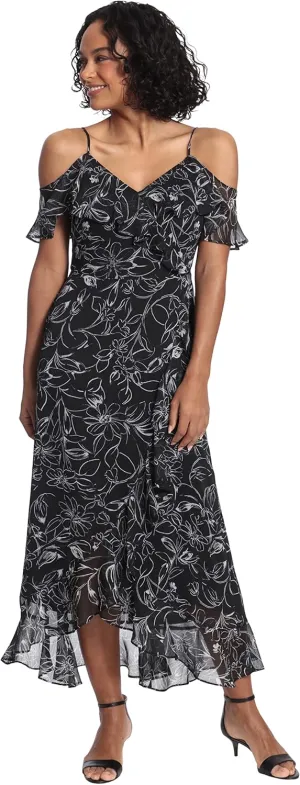 London Times Women's Floral Printed Cold Shoulder Faux Wrap Hi-Low Maxi Dress with Ruffle Details