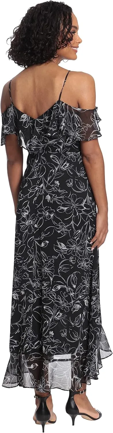 London Times Women's Floral Printed Cold Shoulder Faux Wrap Hi-Low Maxi Dress with Ruffle Details