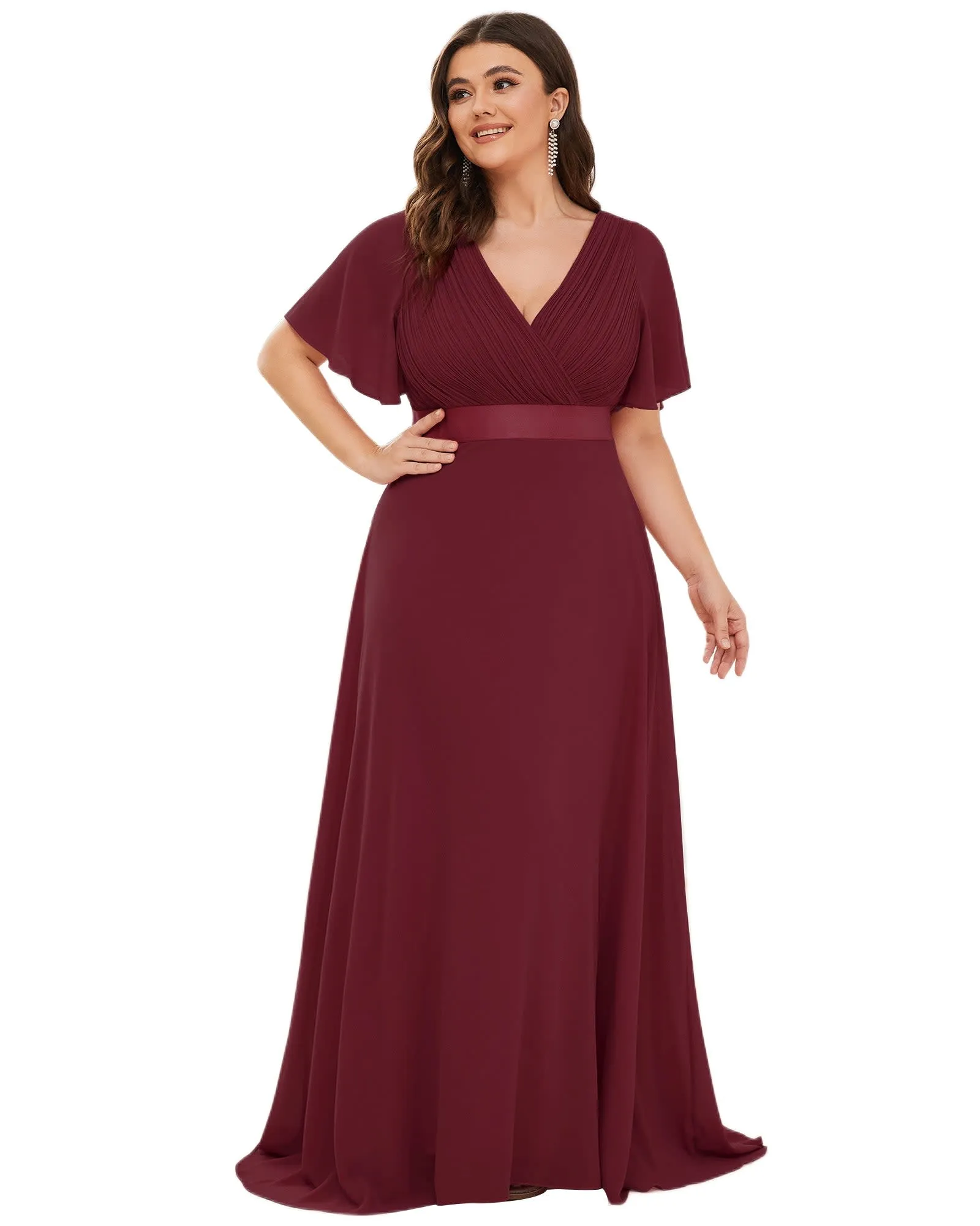 Long Chiffon Empire Waist Bridesmaid Dress with Short Flutter Sleeves | Burgundy