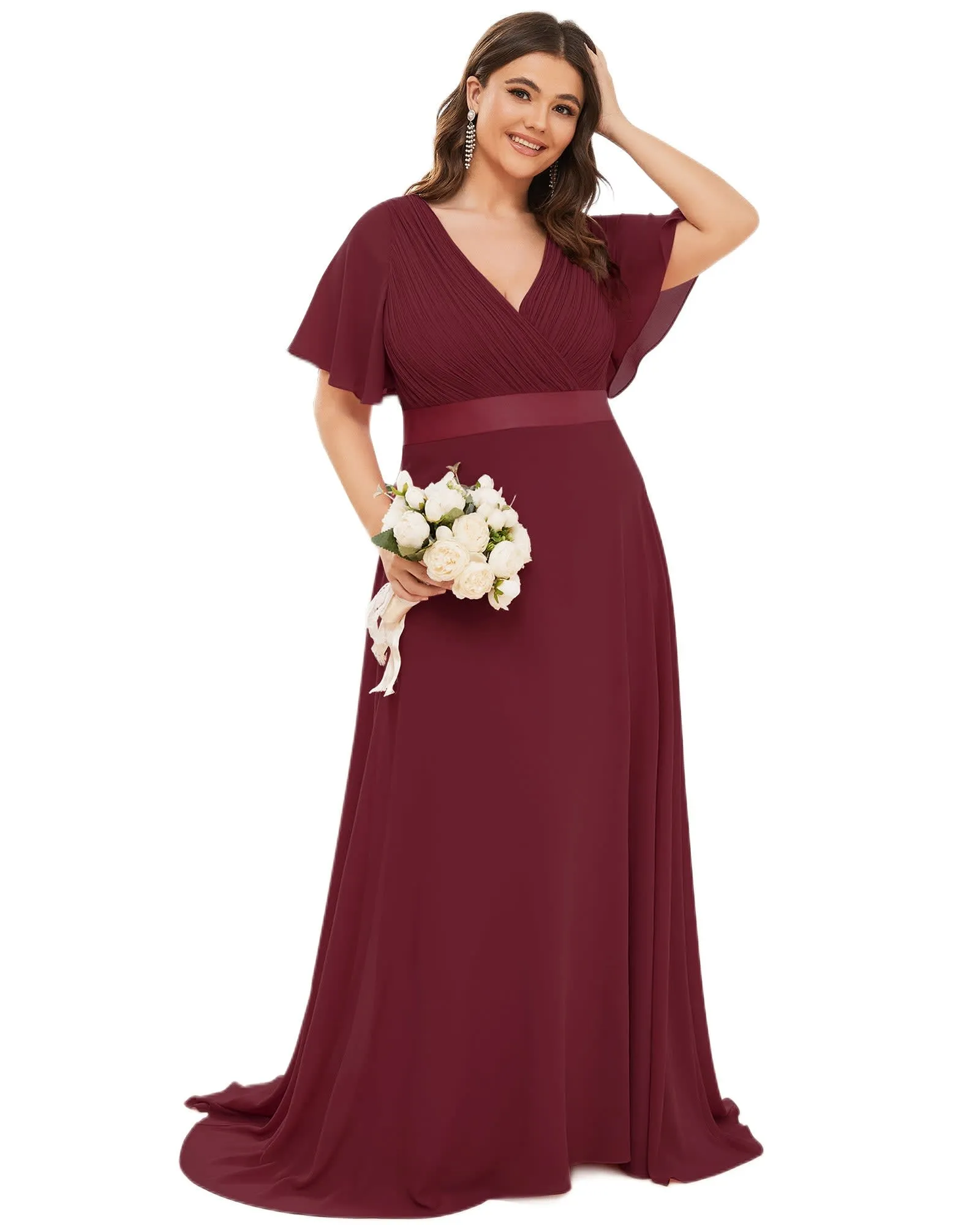 Long Chiffon Empire Waist Bridesmaid Dress with Short Flutter Sleeves | Burgundy