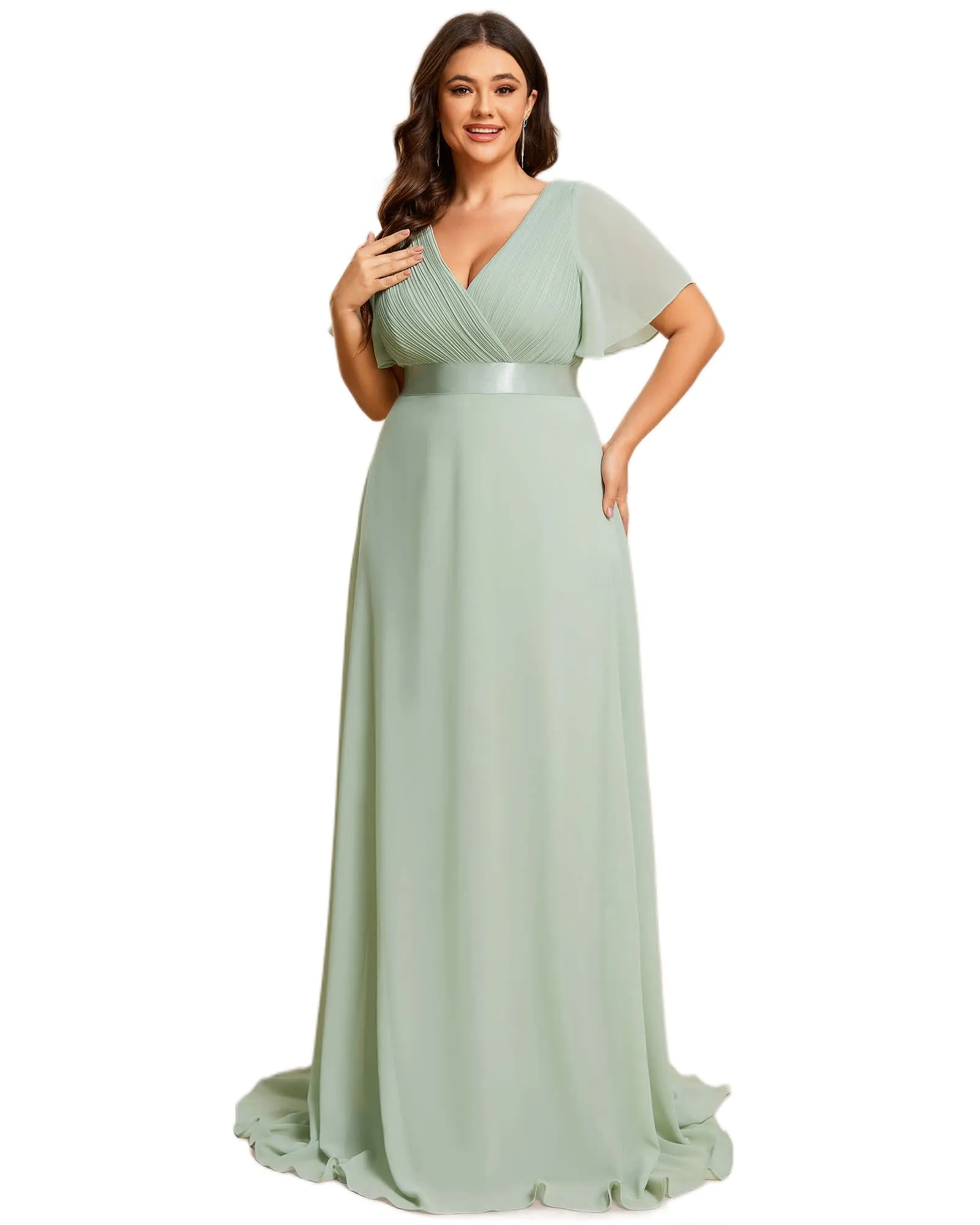 Long Chiffon Empire Waist Bridesmaid Dress with Short Flutter Sleeves | Mint Green