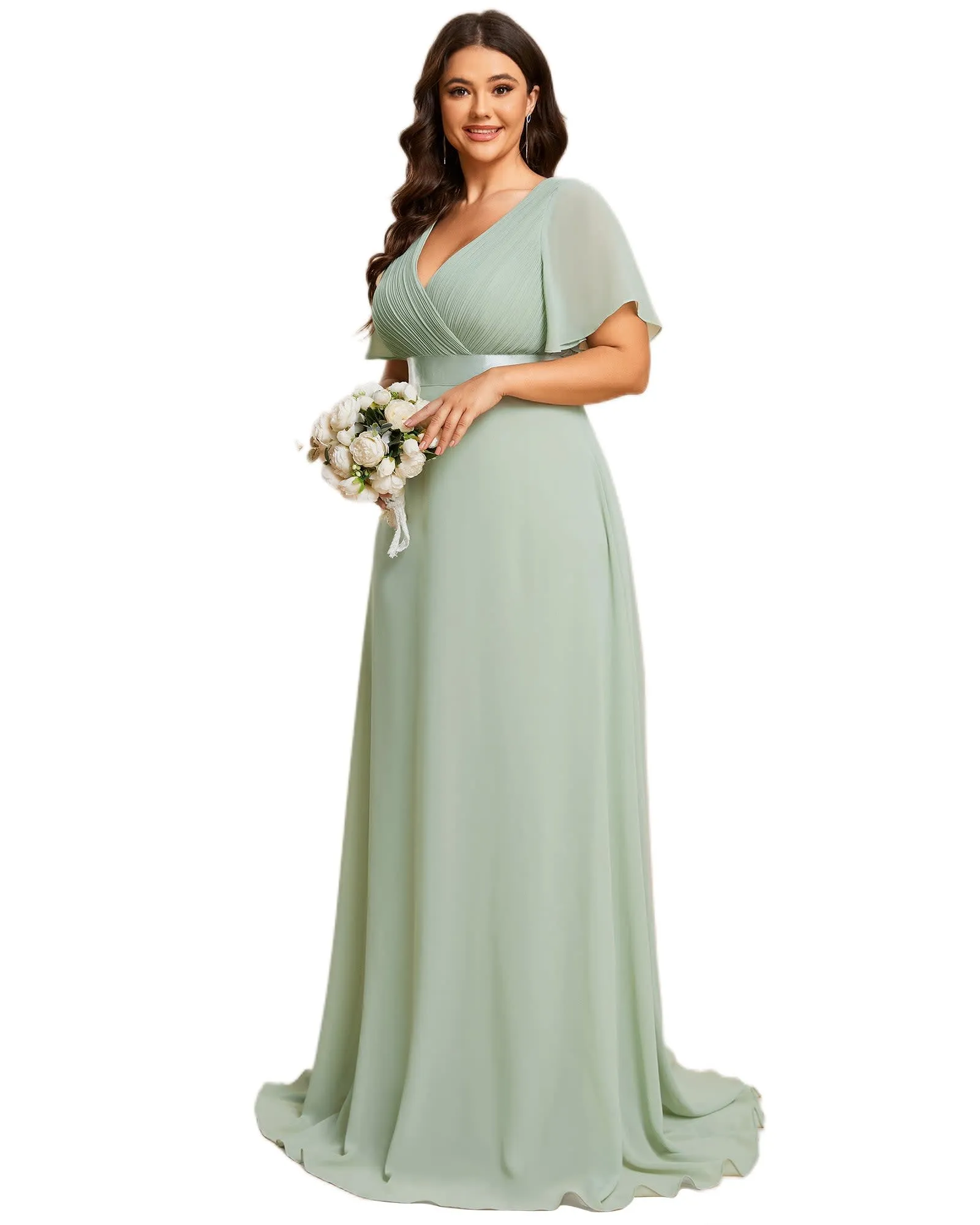 Long Chiffon Empire Waist Bridesmaid Dress with Short Flutter Sleeves | Mint Green