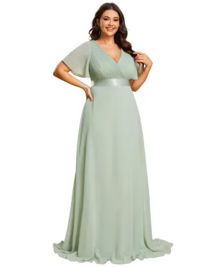 Long Chiffon Empire Waist Bridesmaid Dress with Short Flutter Sleeves | Mint Green