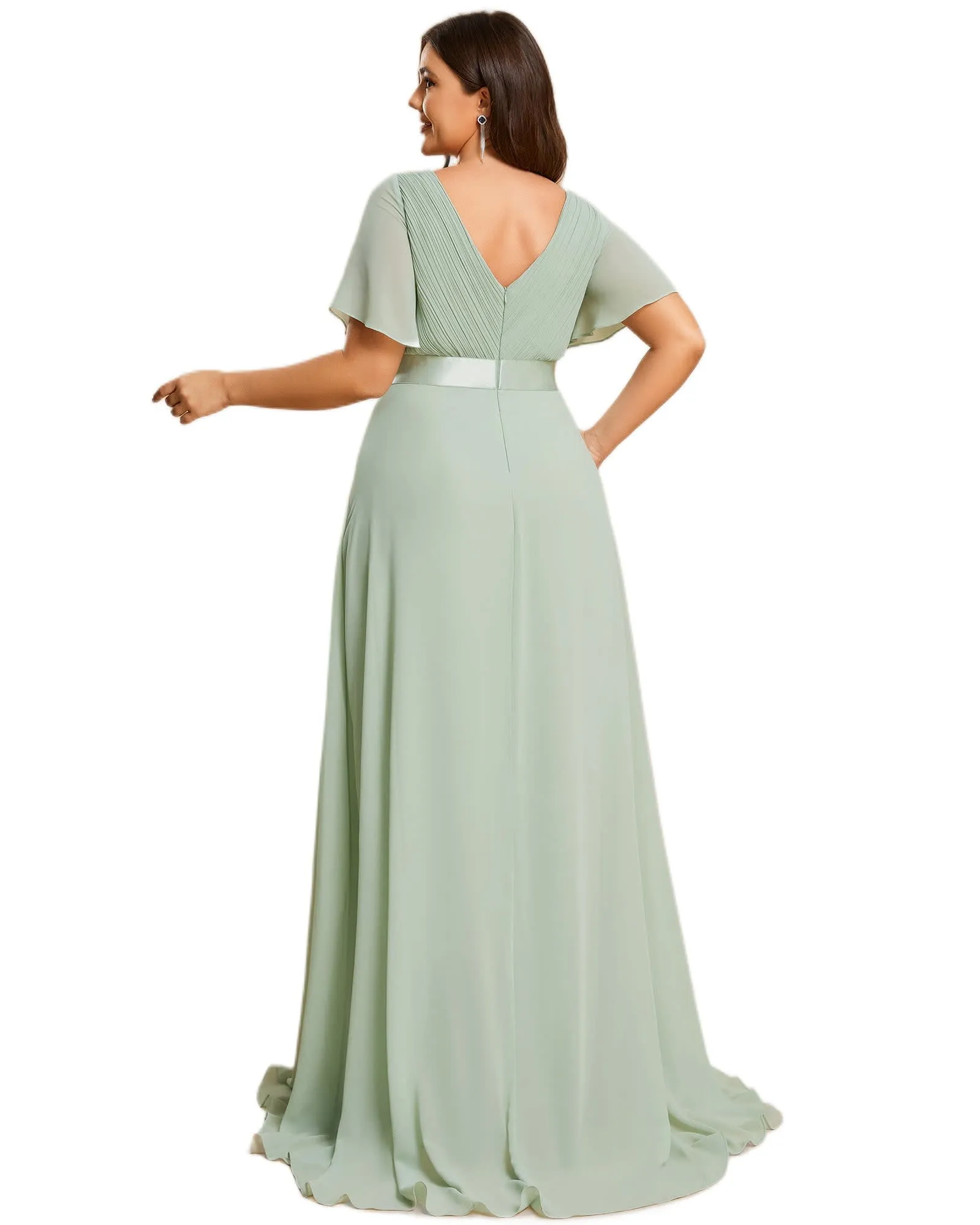 Long Chiffon Empire Waist Bridesmaid Dress with Short Flutter Sleeves | Mint Green