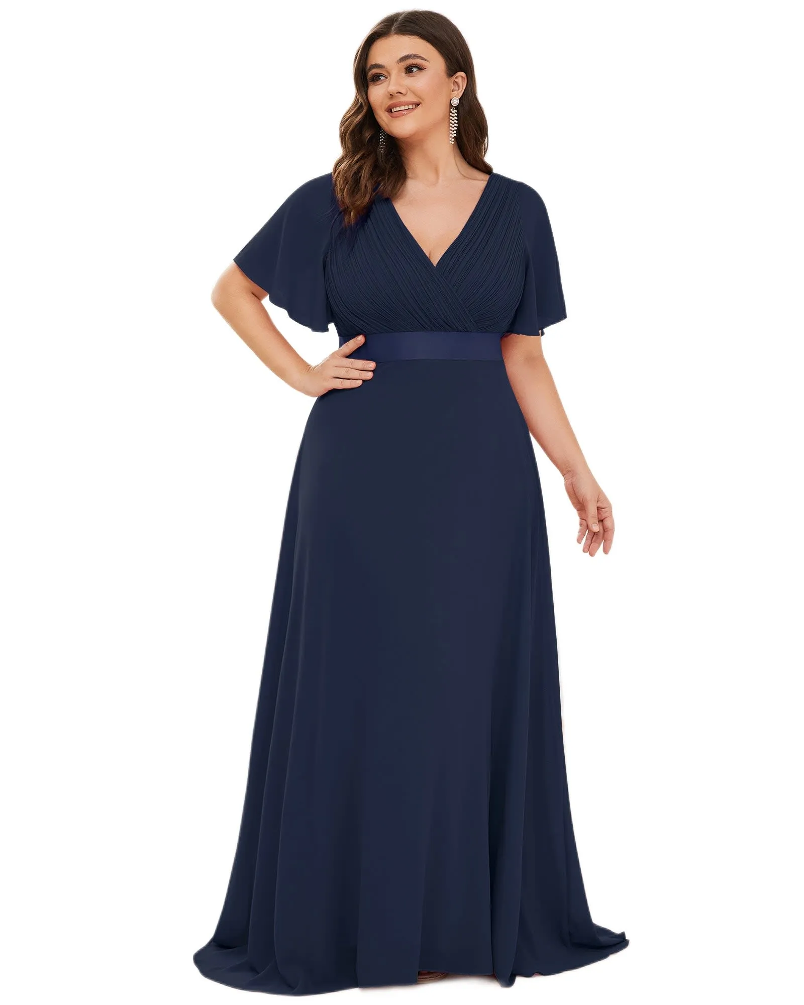 Long Chiffon Empire Waist Bridesmaid Dress with Short Flutter Sleeves | Navy Blue