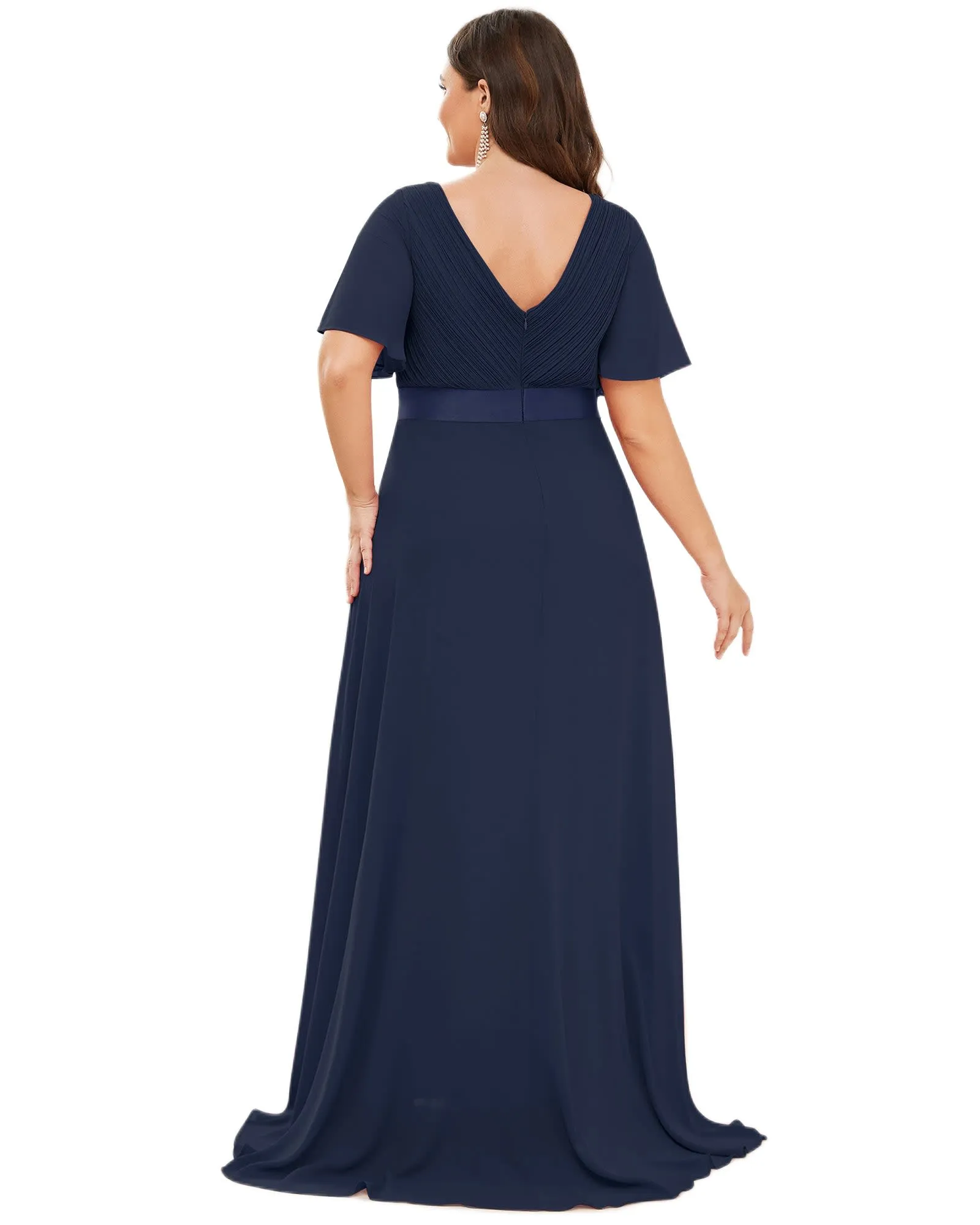 Long Chiffon Empire Waist Bridesmaid Dress with Short Flutter Sleeves | Navy Blue