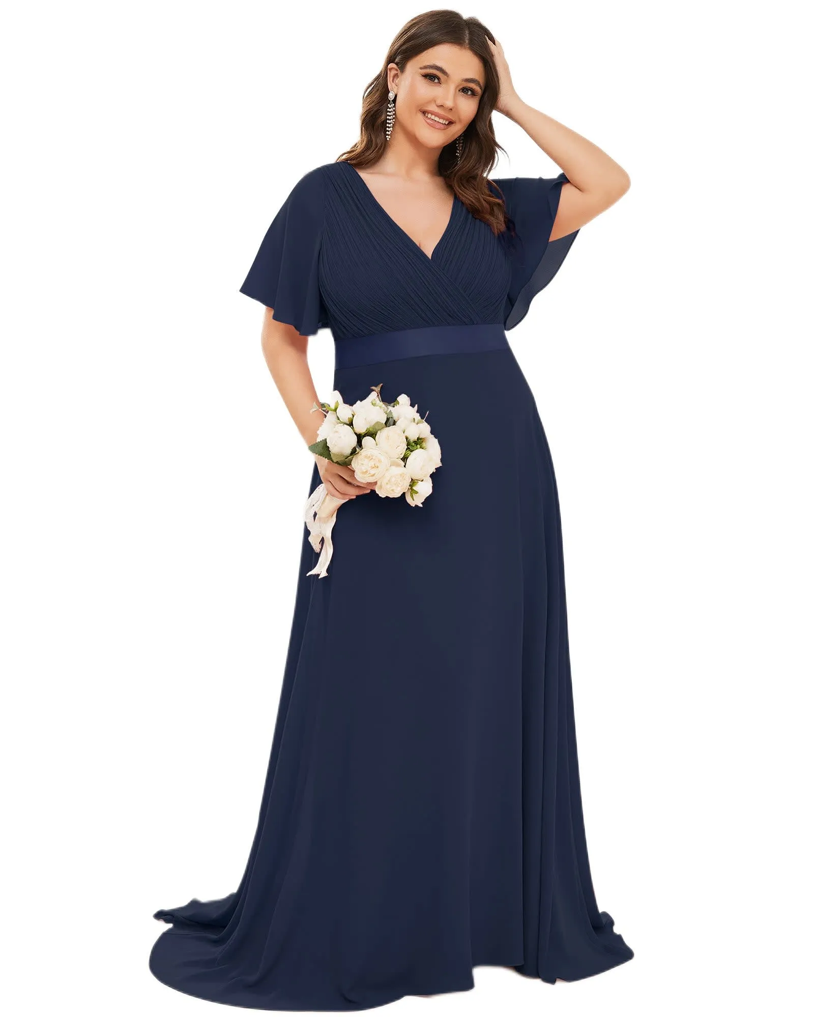 Long Chiffon Empire Waist Bridesmaid Dress with Short Flutter Sleeves | Navy Blue