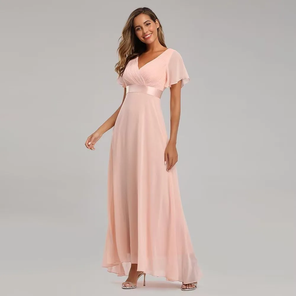 Long Chiffon Evening Gowns A-Line Empire Waist Formal Dress with Flutter Sleeves FBALN01