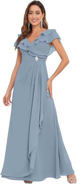Long Chiffon Mother of The Bride Dresses for Wedding A Line V Neck Ruffle Formal Evening Dress with Sleeves