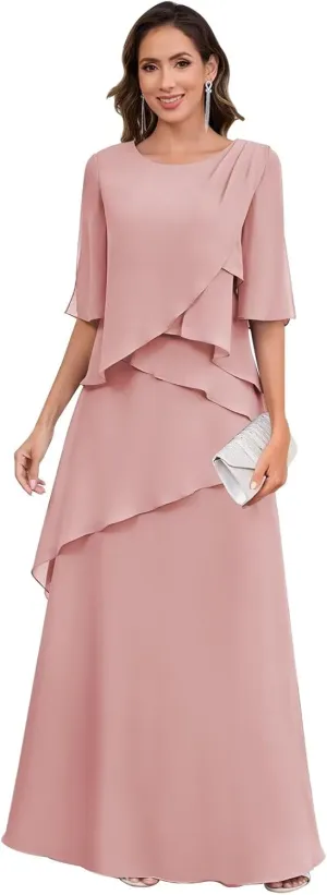 Long Mother of The Bride Dresses for Women A Line Chiffon Formal Evening Dress with Sleeves
