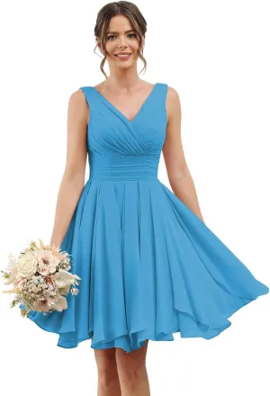 Loyeloy V Neck Short Bridesmaid Dresses for Women 2025 Chiffon A Line Ruffles Formal Evening Gowns with Pockets YJ114