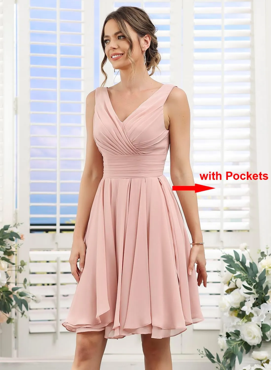 Loyeloy V Neck Short Bridesmaid Dresses for Women 2025 Chiffon A Line Ruffles Formal Evening Gowns with Pockets YJ114