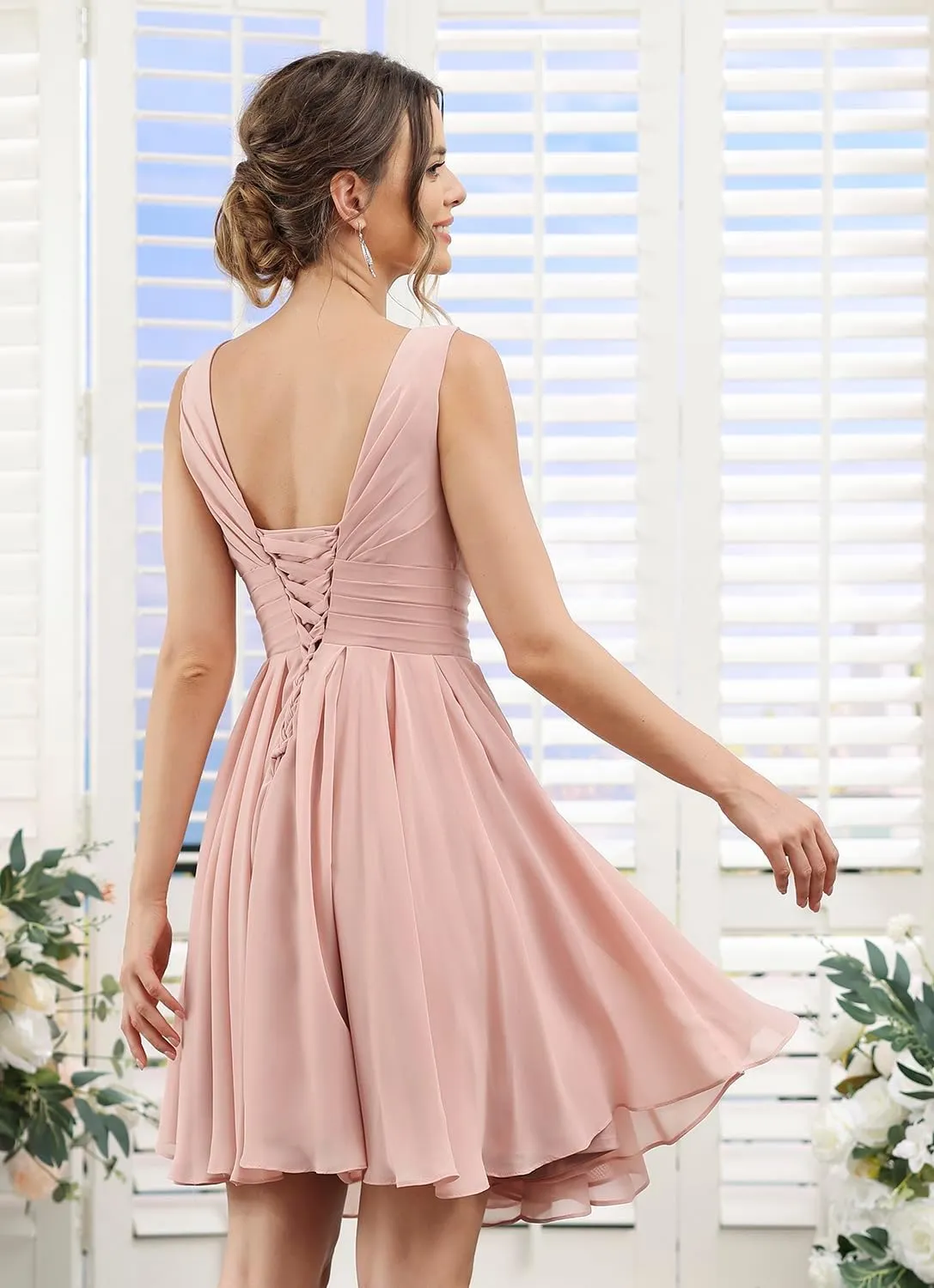 Loyeloy V Neck Short Bridesmaid Dresses for Women 2025 Chiffon A Line Ruffles Formal Evening Gowns with Pockets YJ114