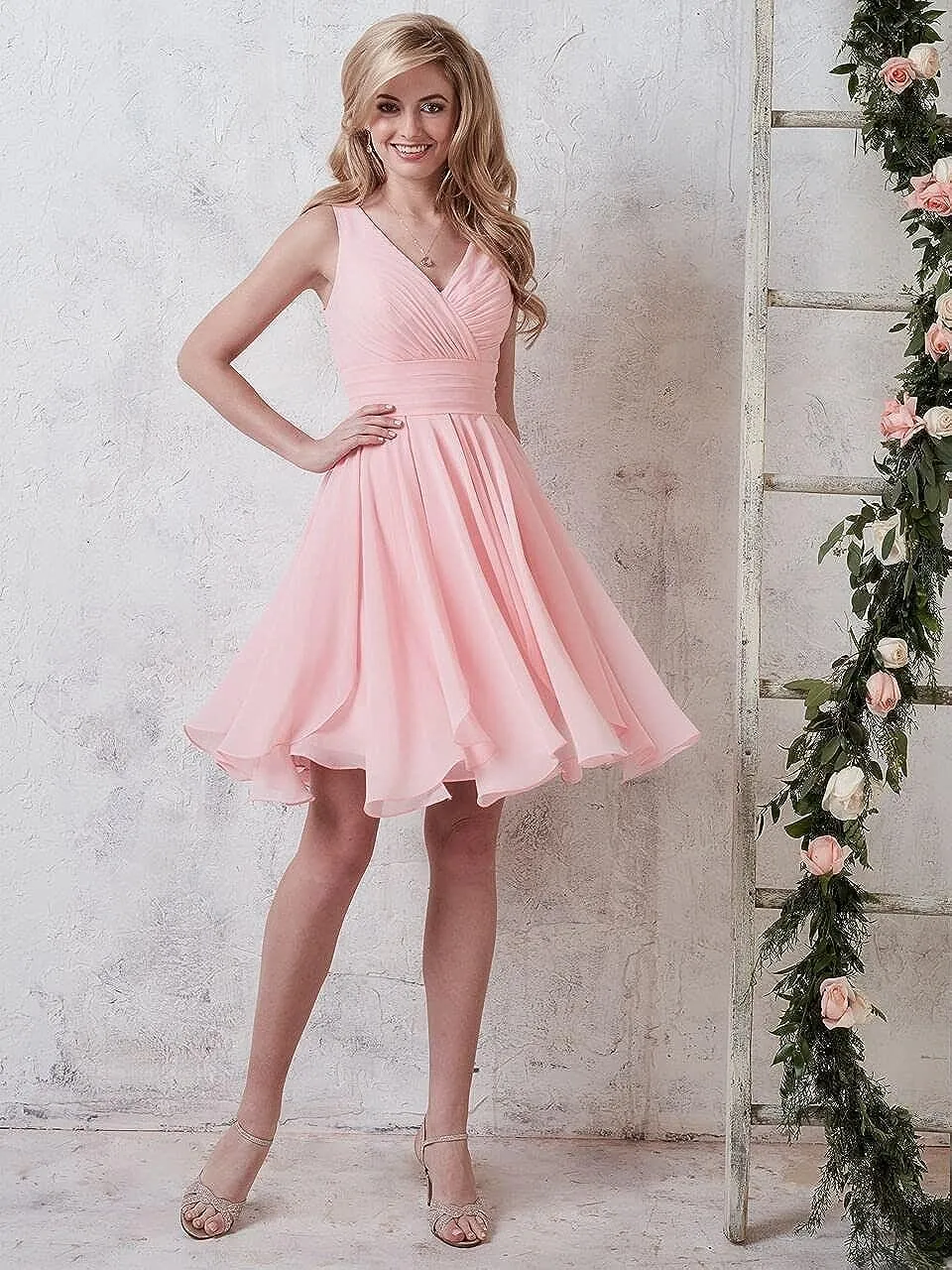 Loyeloy V Neck Short Bridesmaid Dresses for Women 2025 Chiffon A Line Ruffles Formal Evening Gowns with Pockets YJ114