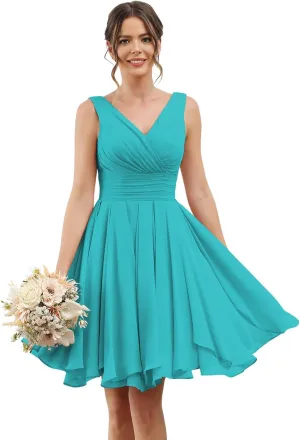 Loyeloy V Neck Short Bridesmaid Dresses for Women 2025 Chiffon A Line Ruffles Formal Evening Gowns with Pockets YJ114