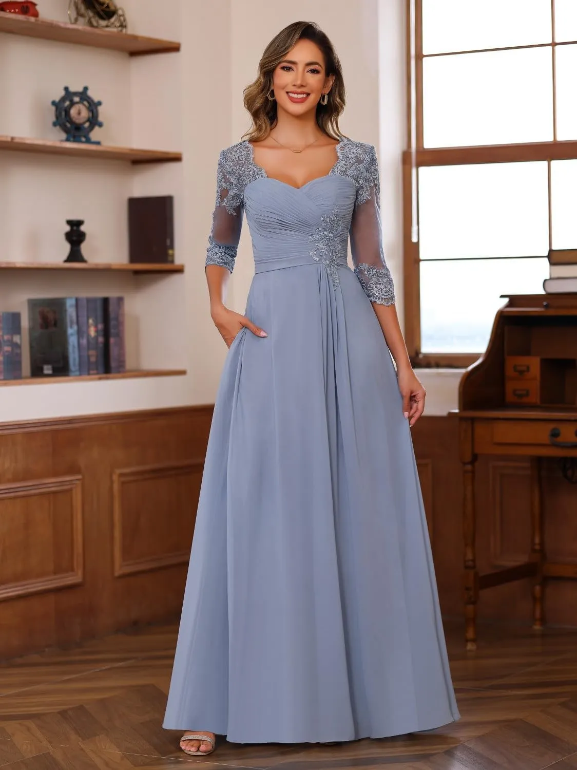 Loyeloy Women's Chiffon Mother of The Bride Dresses for Wedding with Sleeves 2025 Lace Applique Evening Gowns with Pockets