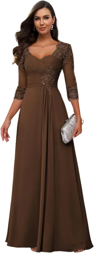 Loyeloy Women's Chiffon Mother of The Bride Dresses for Wedding with Sleeves 2025 Lace Applique Evening Gowns with Pockets