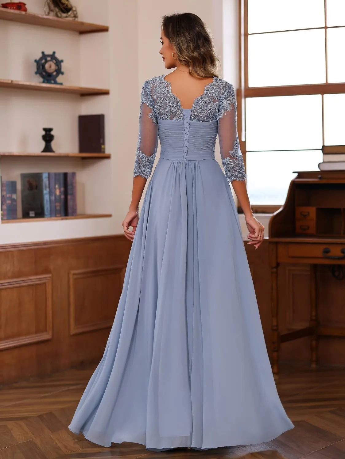 Loyeloy Women's Chiffon Mother of The Bride Dresses for Wedding with Sleeves 2025 Lace Applique Evening Gowns with Pockets