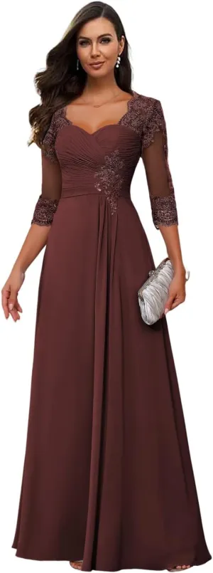 Loyeloy Women's Chiffon Mother of The Bride Dresses for Wedding with Sleeves 2025 Lace Applique Evening Gowns with Pockets