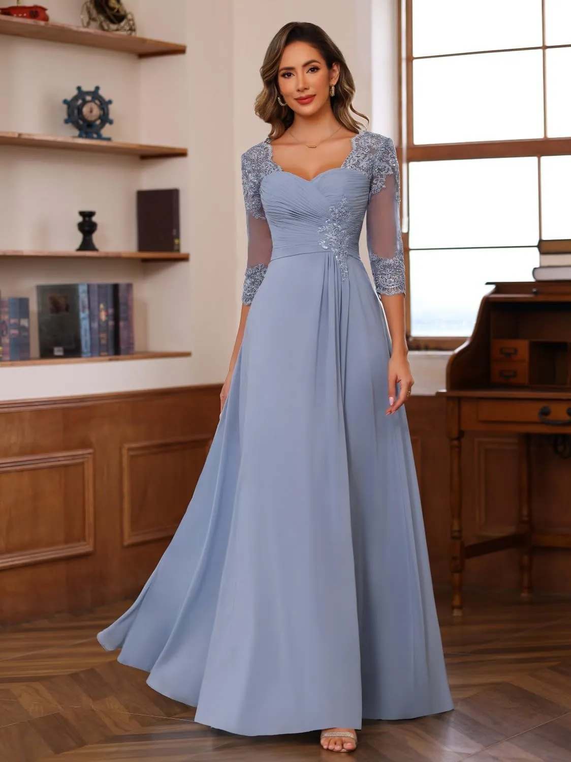 Loyeloy Women's Chiffon Mother of The Bride Dresses for Wedding with Sleeves 2025 Lace Applique Evening Gowns with Pockets