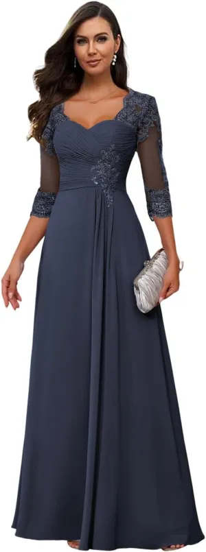 Loyeloy Women's Chiffon Mother of The Bride Dresses for Wedding with Sleeves 2025 Lace Applique Evening Gowns with Pockets