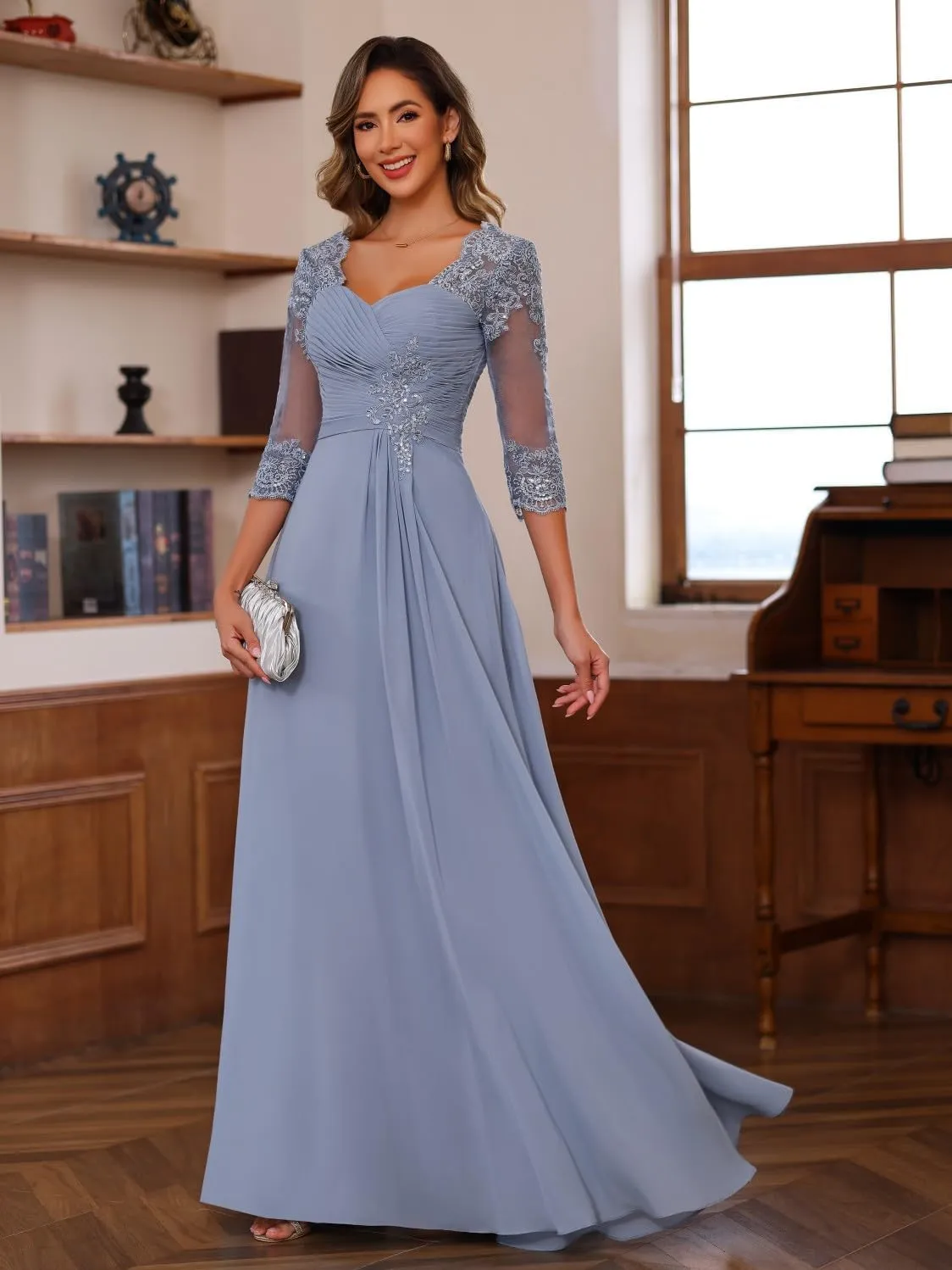 Loyeloy Women's Chiffon Mother of The Bride Dresses for Wedding with Sleeves 2025 Lace Applique Evening Gowns with Pockets