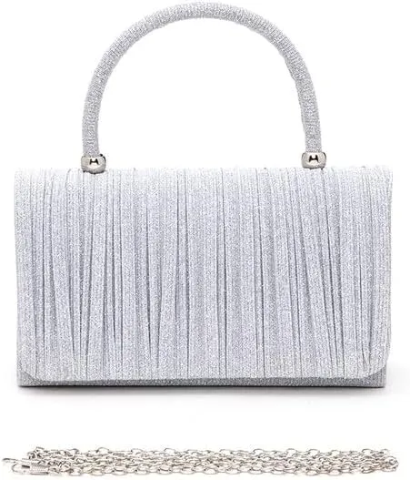 Lurex Pleated Top Handle Sparkly Handbag with Chain Evening Clutch Bag Luxury Women’s Handbag Parties Weddings Dinners
