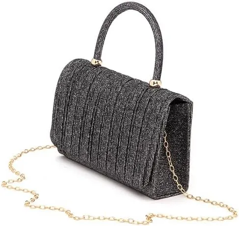 Lurex Pleated Top Handle Sparkly Handbag with Chain Evening Clutch Bag Luxury Women’s Handbag Parties Weddings Dinners