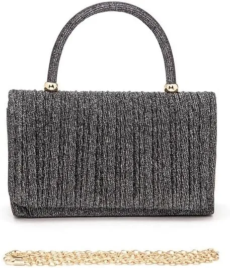 Lurex Pleated Top Handle Sparkly Handbag with Chain Evening Clutch Bag Luxury Women’s Handbag Parties Weddings Dinners