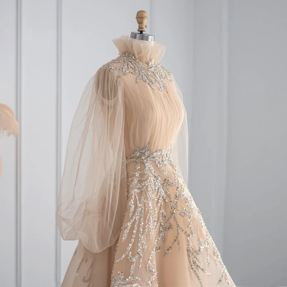 Luxury Champagne Long Sleeve Muslim Evening Dress SS496