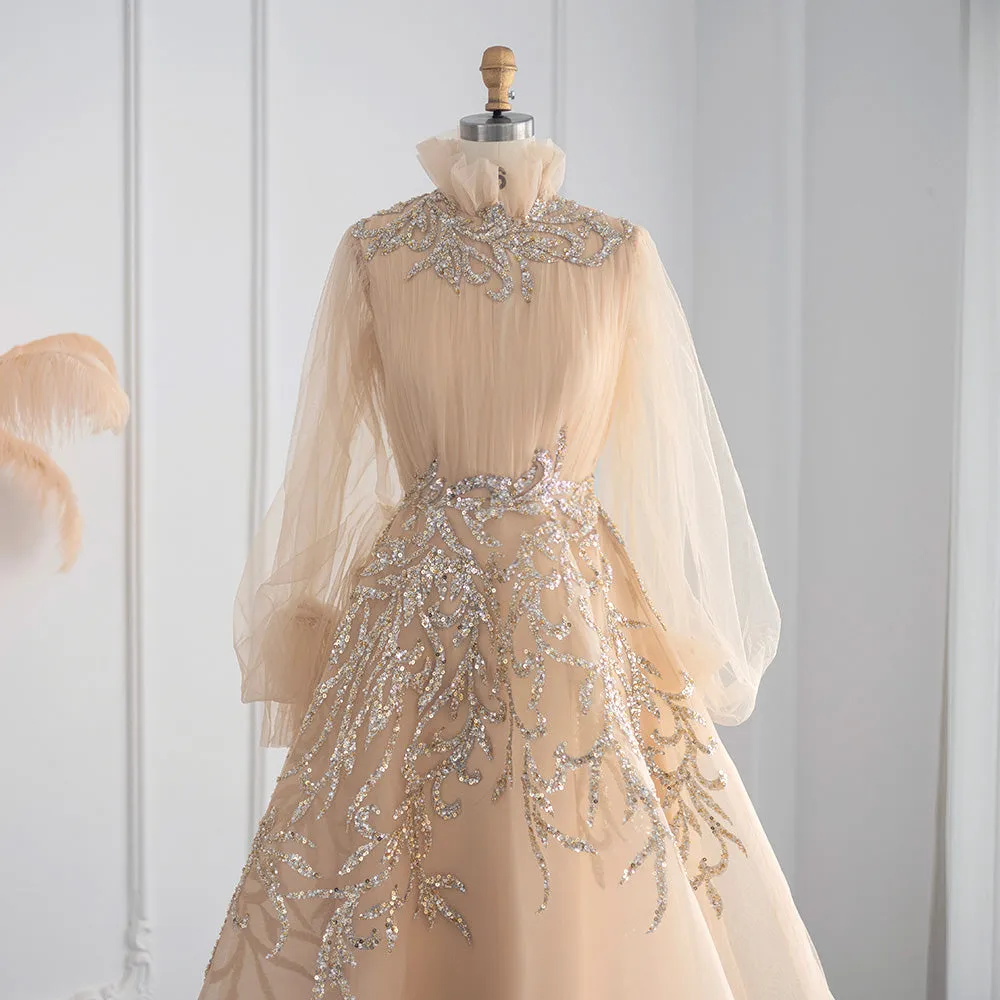 Luxury Champagne Long Sleeve Muslim Evening Dress SS496