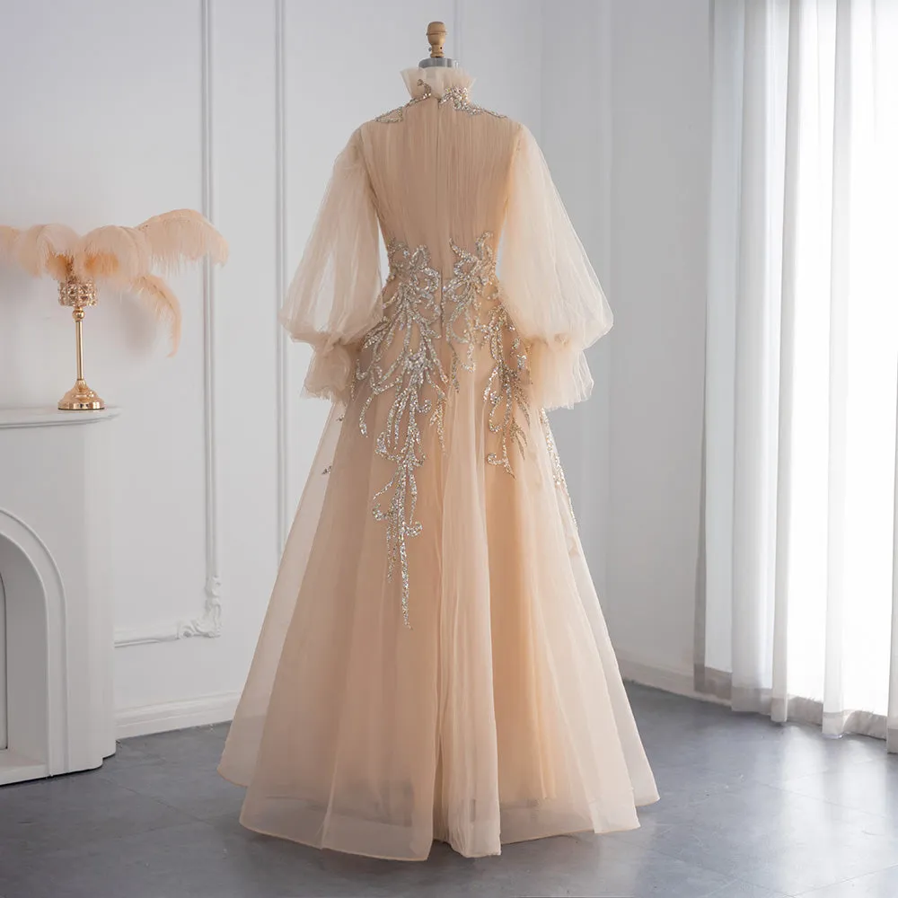 Luxury Champagne Long Sleeve Muslim Evening Dress SS496