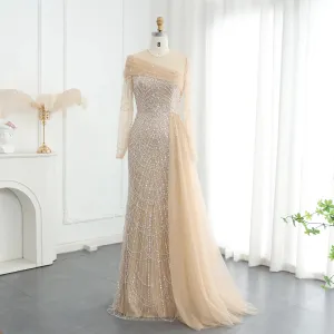 Luxury Champagne Mermaid Long Sleeves Arabic Evening Dress SS259