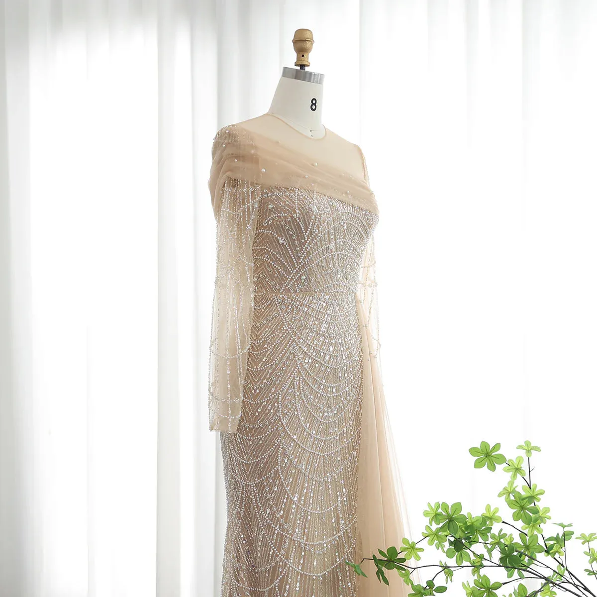 Luxury Champagne Mermaid Long Sleeves Arabic Evening Dress SS259