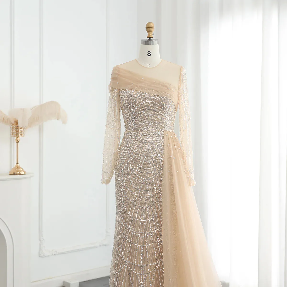 Luxury Champagne Mermaid Long Sleeves Arabic Evening Dress SS259