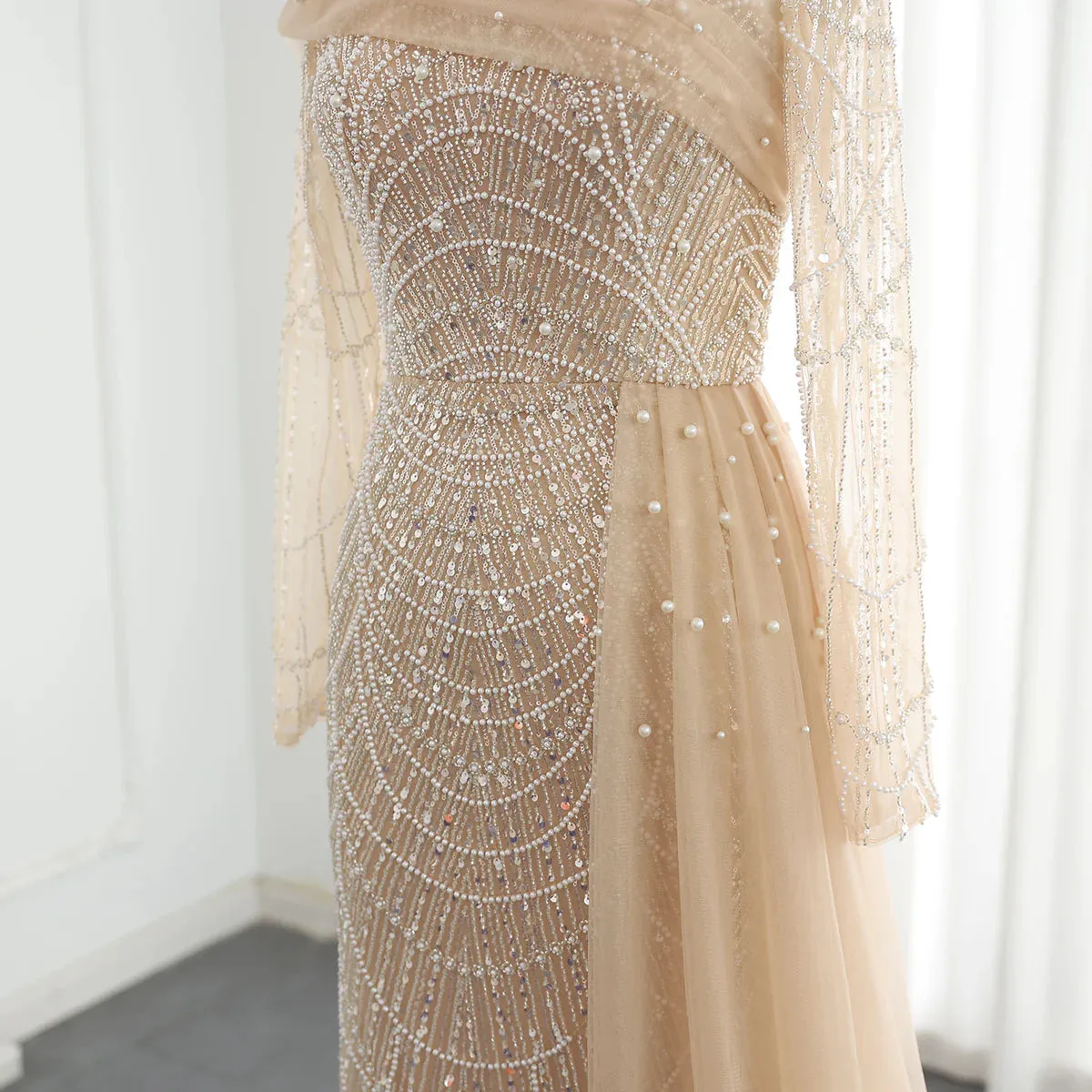 Luxury Champagne Mermaid Long Sleeves Arabic Evening Dress SS259
