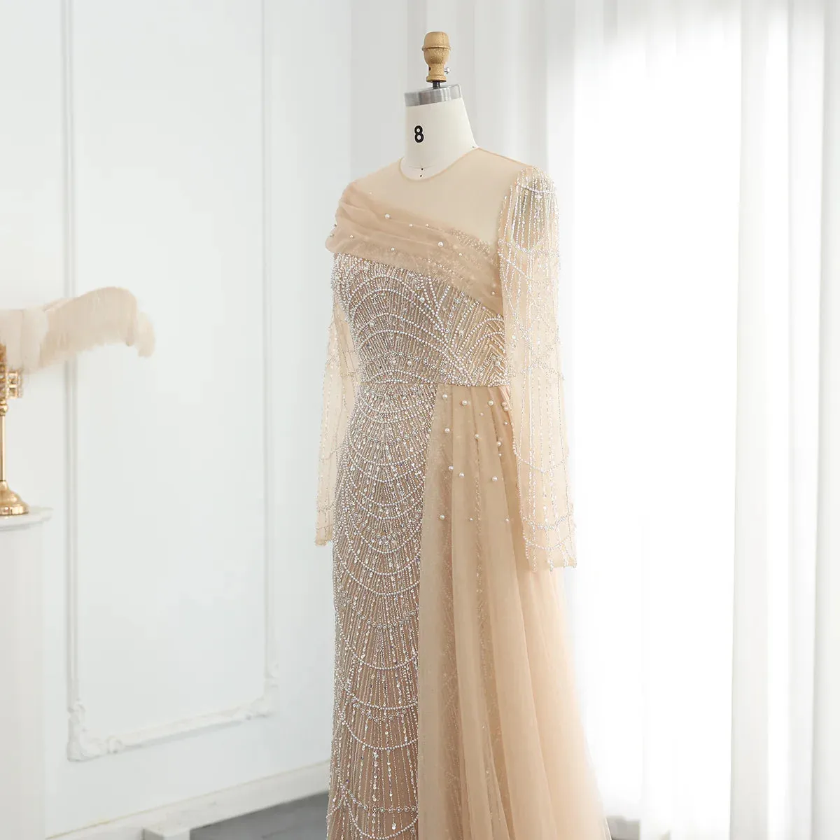 Luxury Champagne Mermaid Long Sleeves Arabic Evening Dress SS259