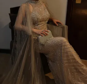 Luxury Dubai Champagne Mermaid Evening Dresses with Cape Sleeves SS230