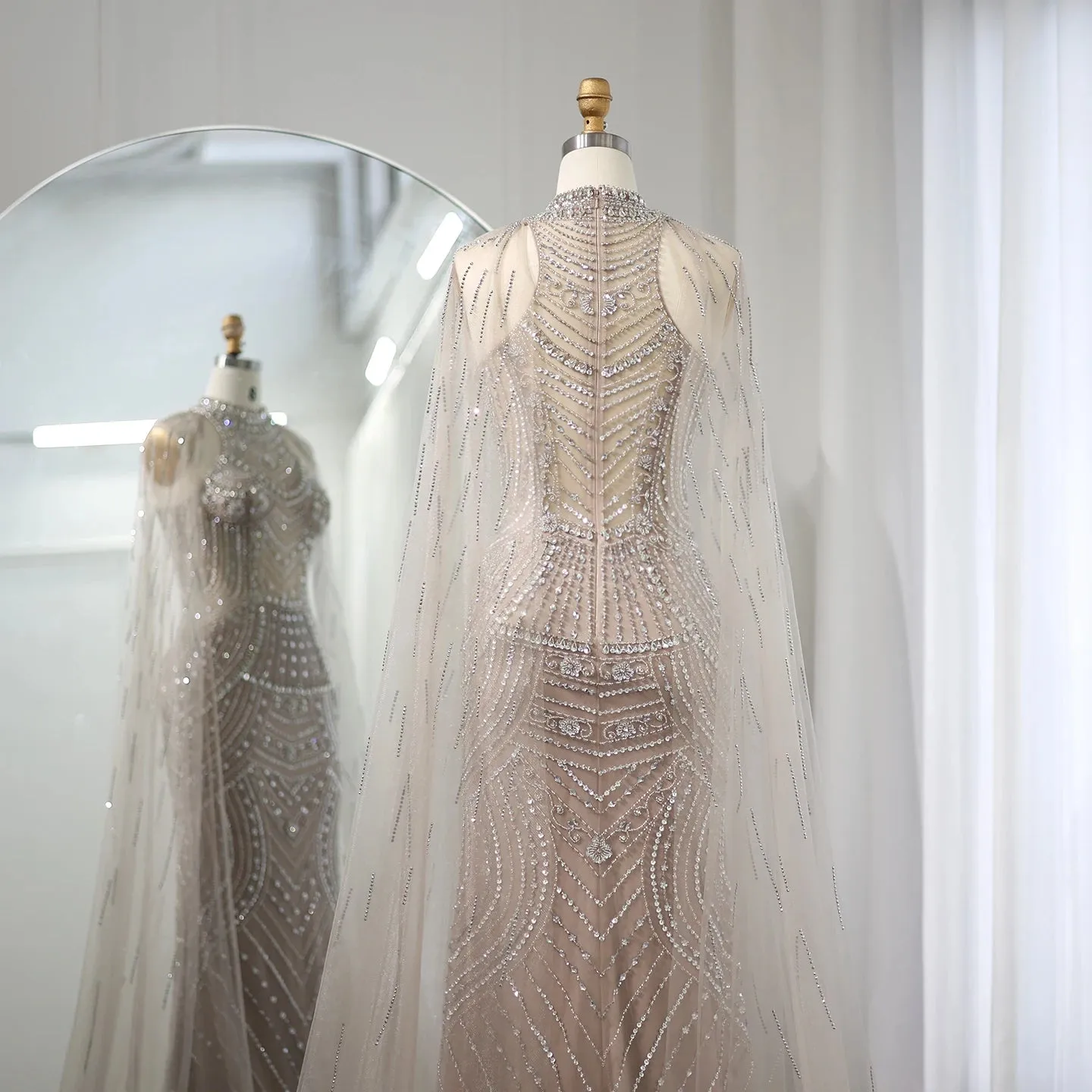 Luxury Dubai Champagne Mermaid Evening Dresses with Cape Sleeves SS230