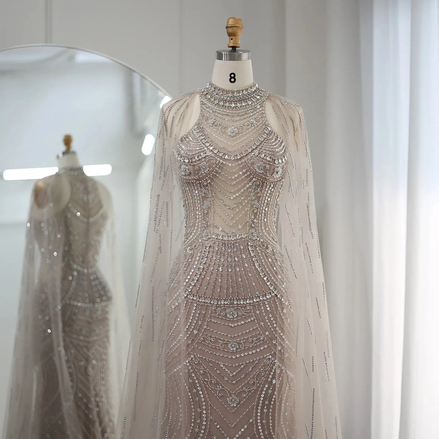 Luxury Dubai Champagne Mermaid Evening Dresses with Cape Sleeves SS230