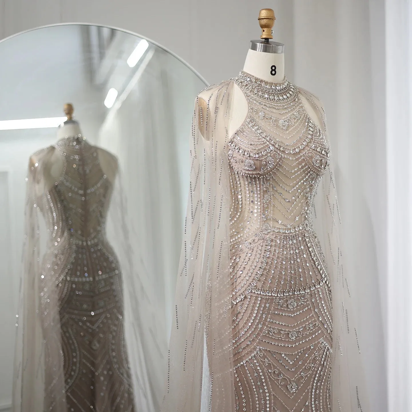 Luxury Dubai Champagne Mermaid Evening Dresses with Cape Sleeves SS230