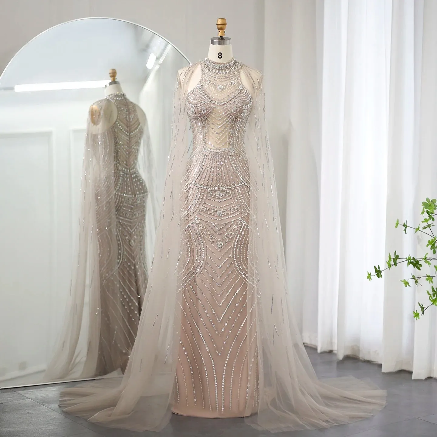 Luxury Dubai Champagne Mermaid Evening Dresses with Cape Sleeves SS230