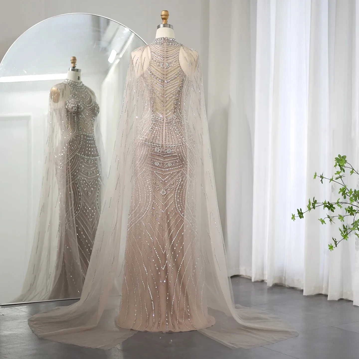 Luxury Dubai Champagne Mermaid Evening Dresses with Cape Sleeves SS230