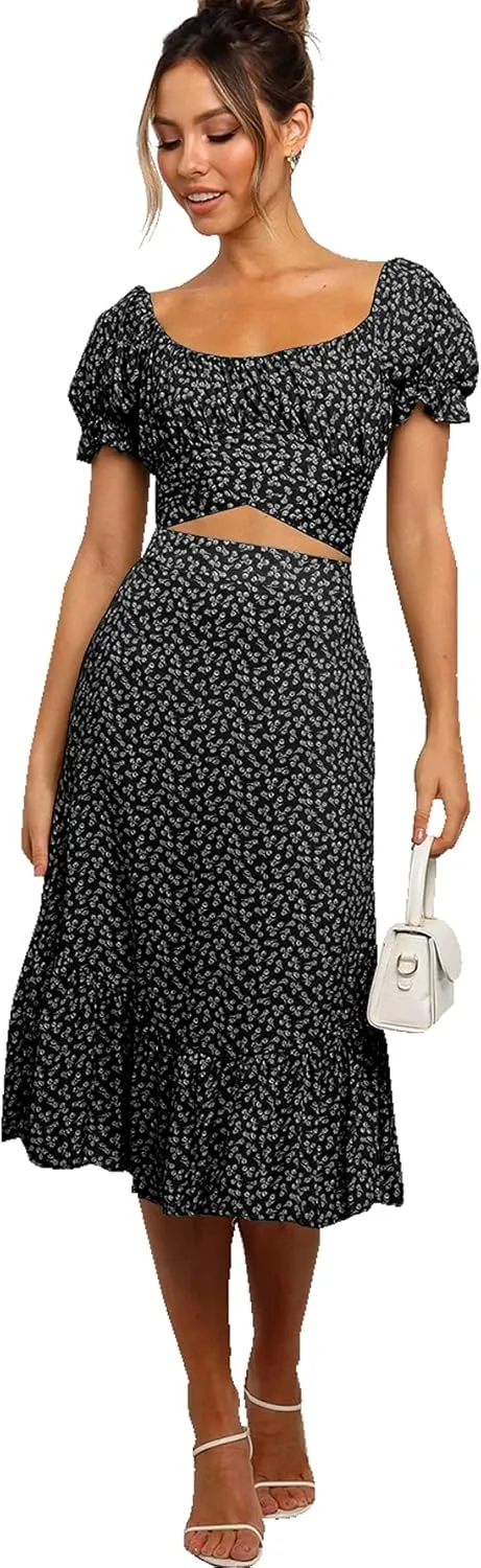 LYANER Women's 2 Piece Outfits Floral Self Tie Knot Crop Top and Midi Skirt Set